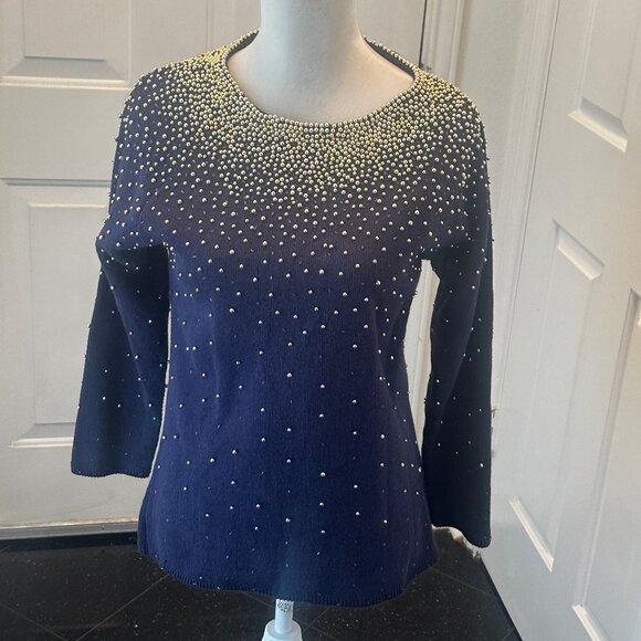 Vintage 80's Bonnie Boerer Embellished Navy Sweater with Gold Beads S - Picture 2 of 14